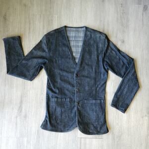 RUFSKIN Men’s Denim Jacket Medium USA Made Collarless Structured Plaid Stretch